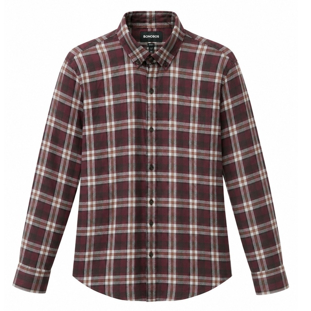 Bonobos Flannel Button Down Mens L Burgundy Plaid Slim Fit Long Sleeve Shirt